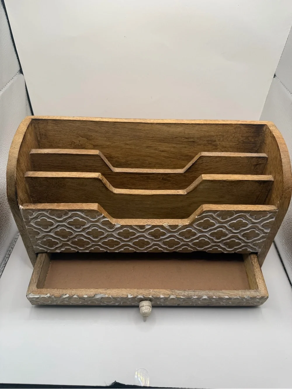 Wood Desk Mail Organizer with Drawer Rustic Boho Letter Holder